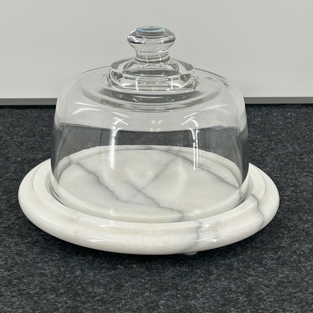 White Marble Cheese Board with Glass Cloche Dome Round Serving Platter 7.5 Inch